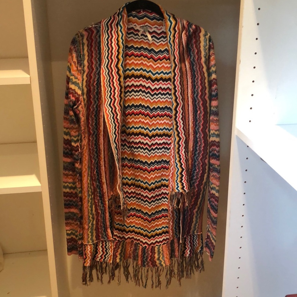 Patterned multicolor sweater cardigan w/ tassels